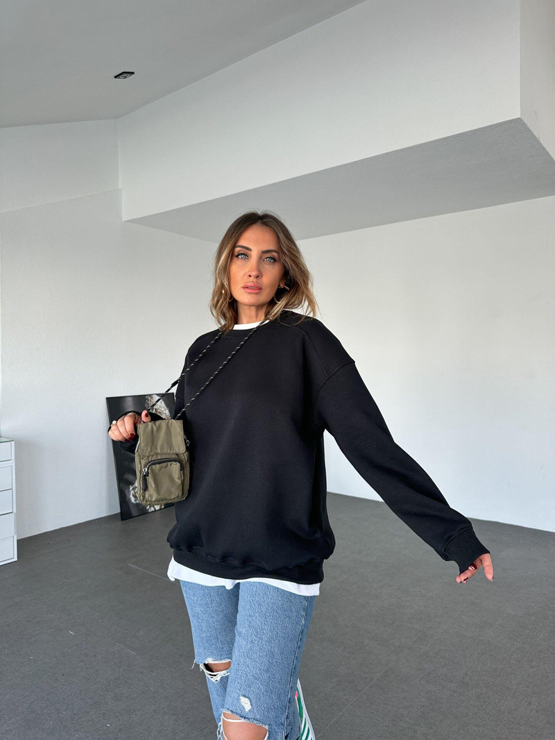 Siyah Basic Bisiklet Yaka Sweatshirt