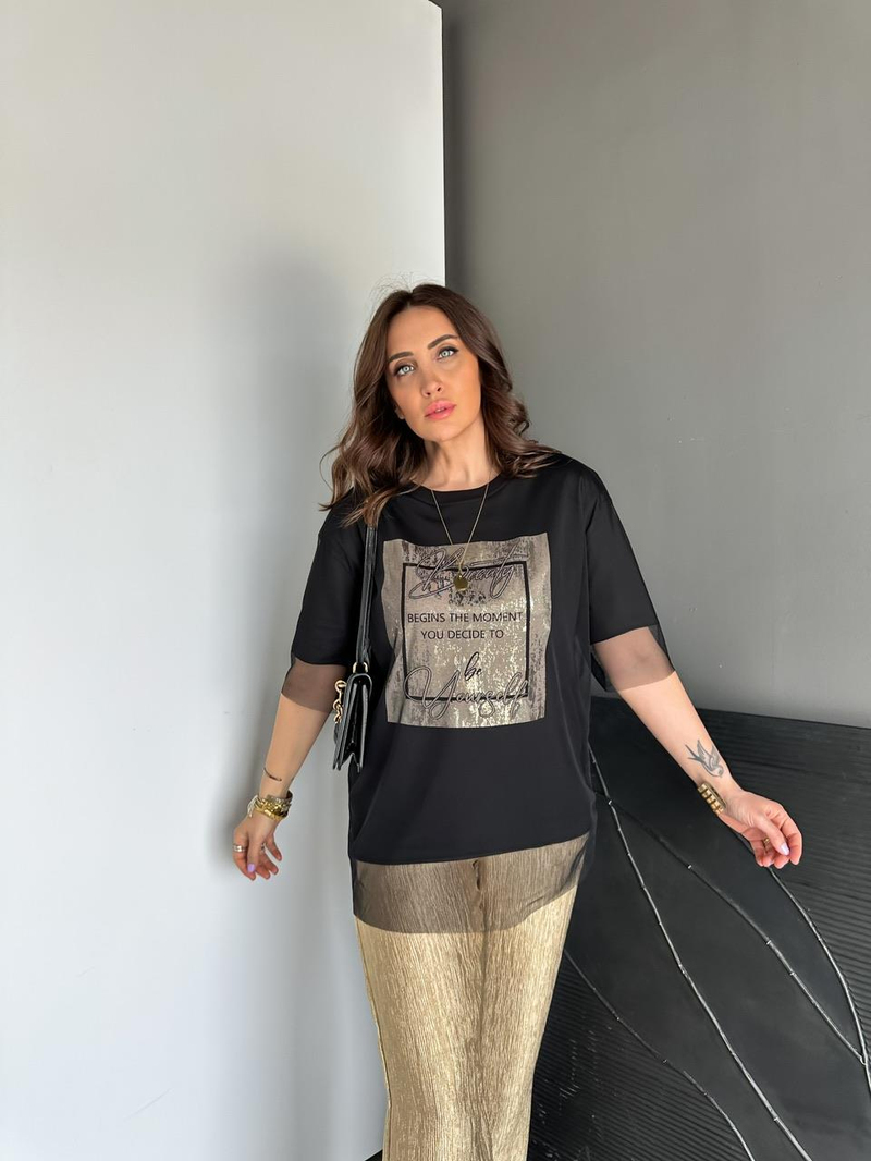 Siyah Beauty Tül Detaylı Tshirt