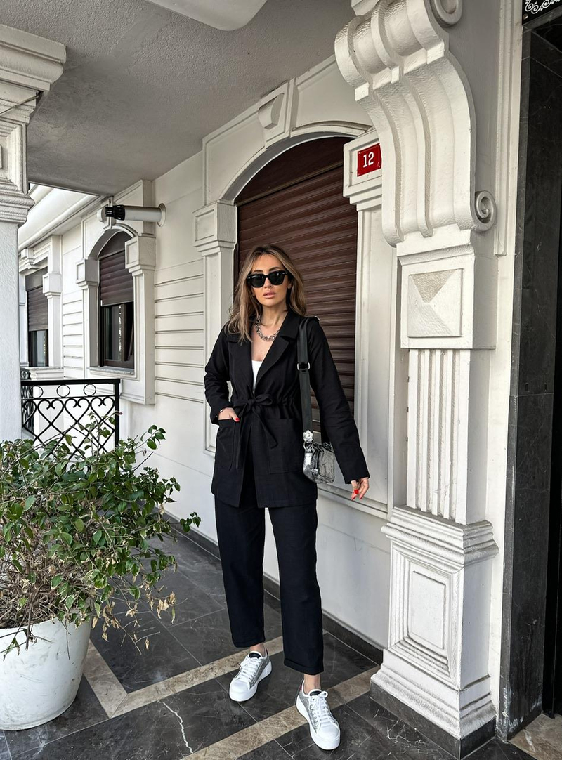 Siyah Beli Kuşaklı Keten Şık Takım