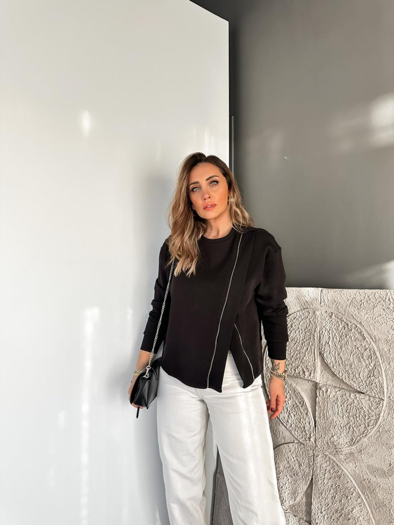 Siyah Çapraz Fermuarlı Tasarım Sweatshirt