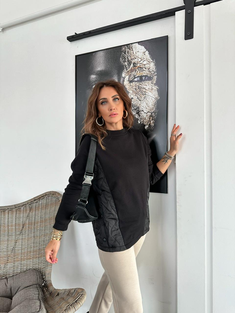 Siyah Çıtçıtlı Kapitone Sweatshirt
