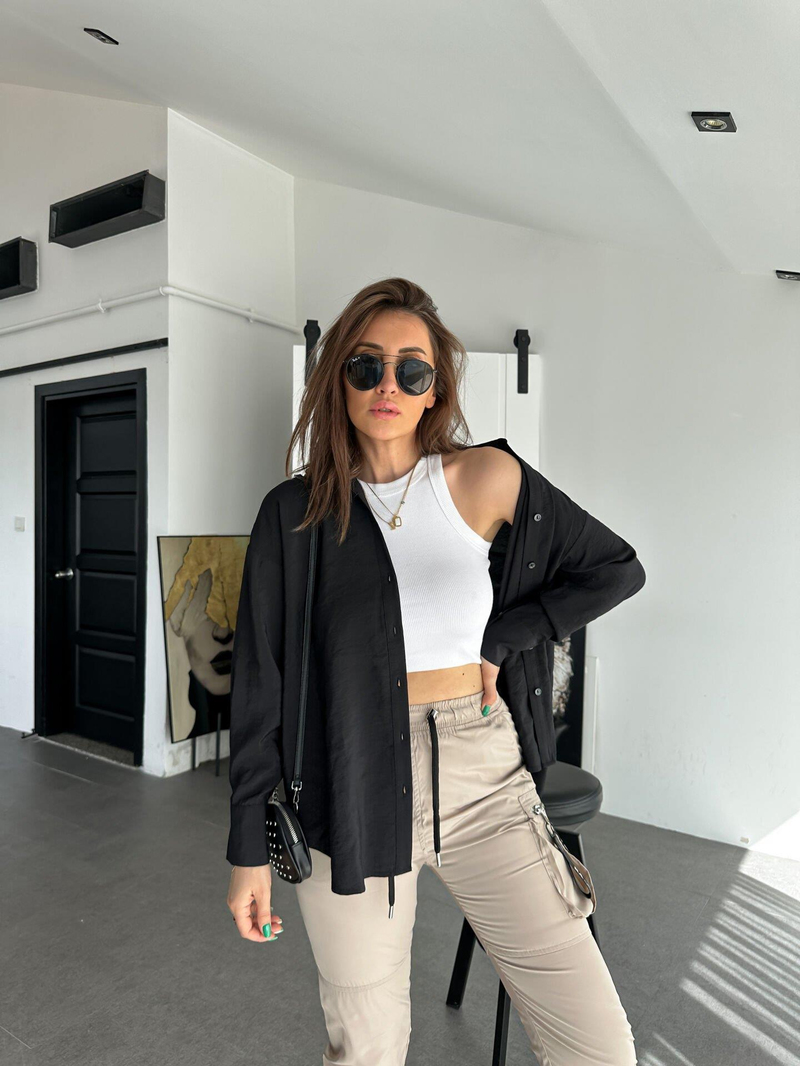 Siyah Cotton Kumaş Gömlek