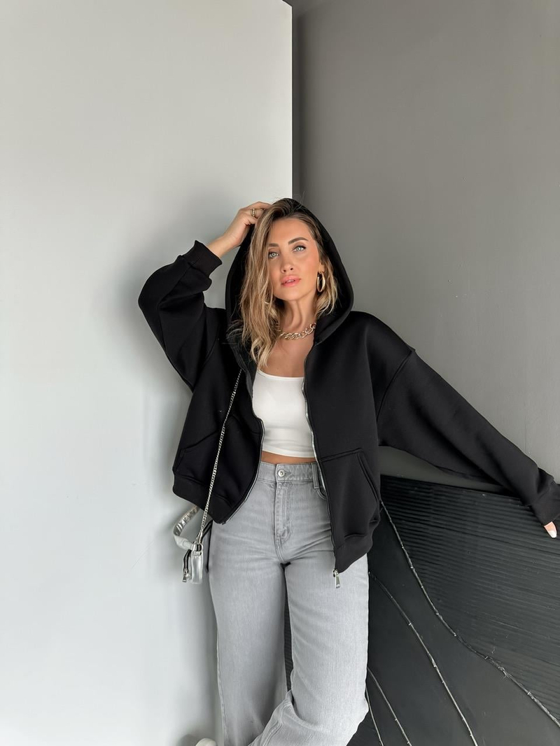 Siyah Fermuarlı Şardonlu Sweatshirt