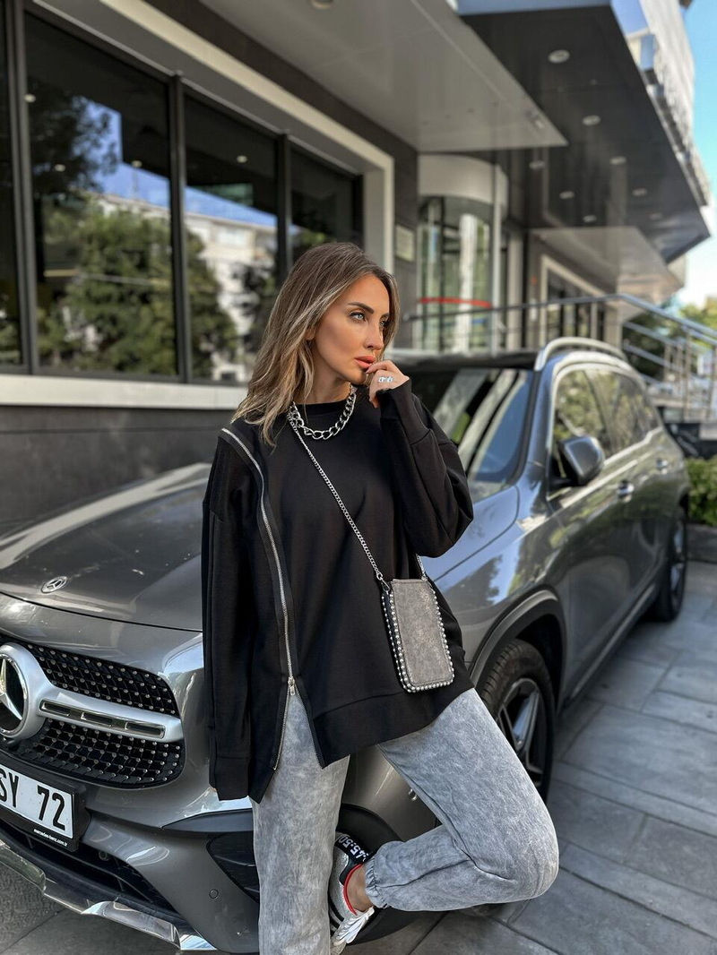 Siyah Fermuarlı Tasarım Sweatshirt