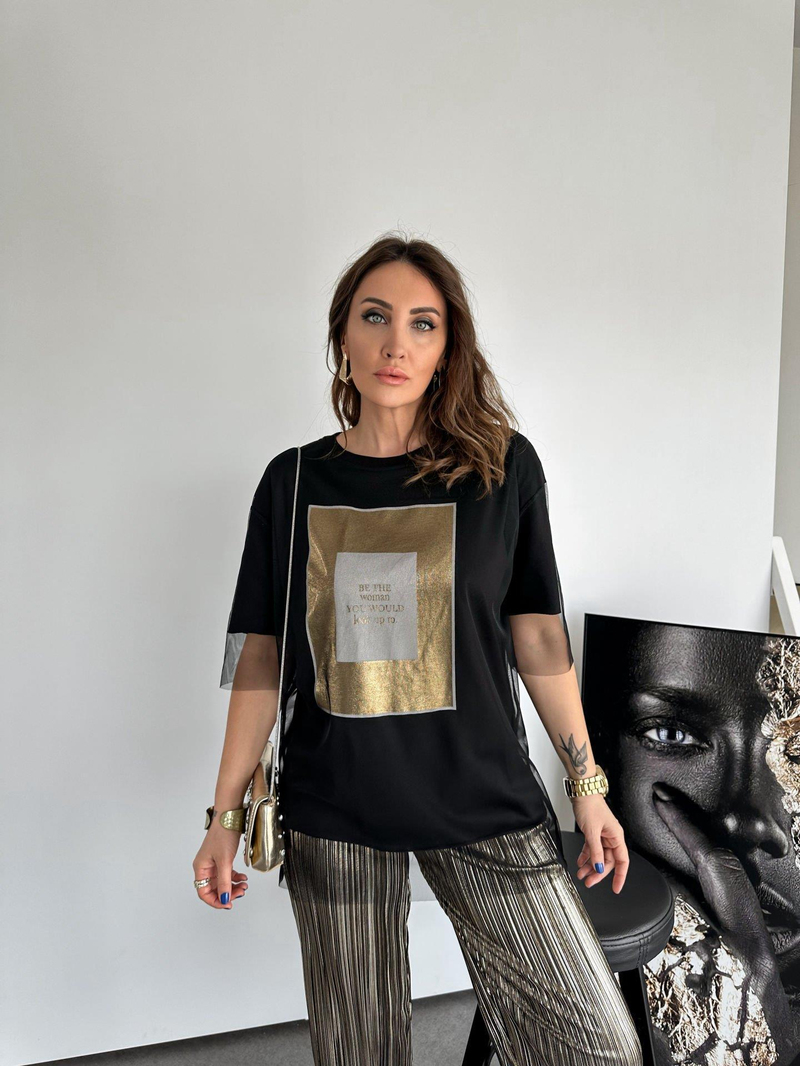 Siyah Gold Baskılı Tüllü Tshirt