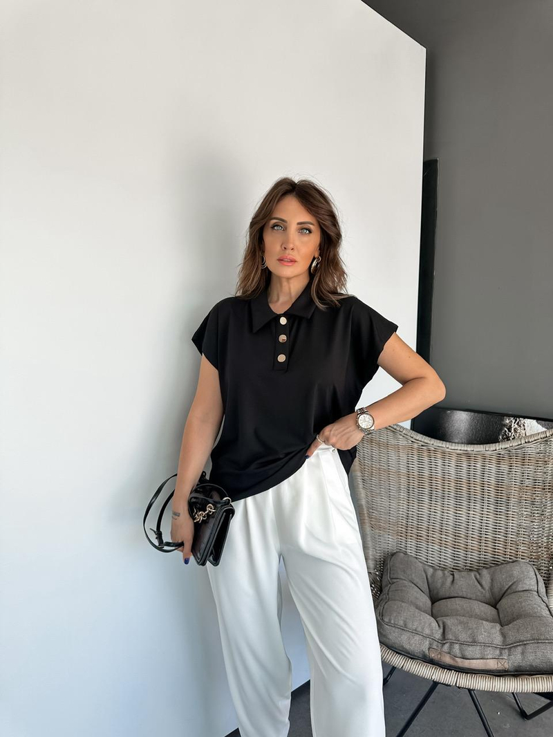 Siyah Gold Düğmeli Modal Tshirt