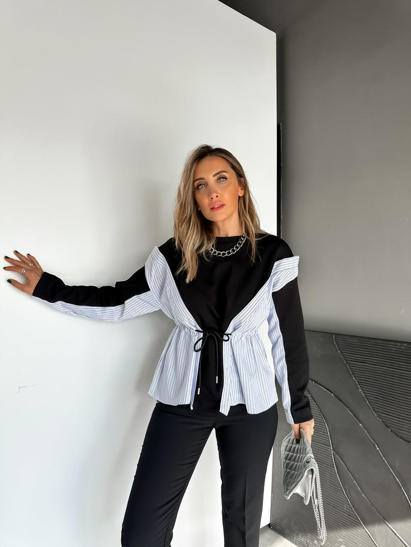 Siyah Gömlek Parçalı Beli İpli Sweatshirt