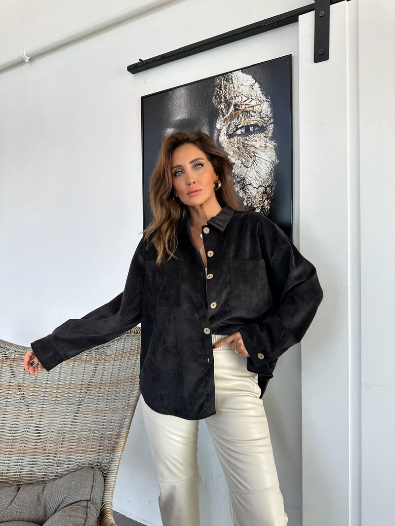 Siyah Kadife Oversize Gömlek