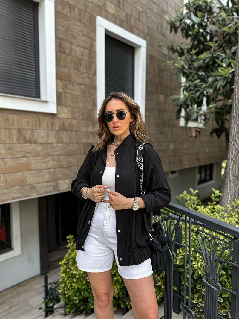 Siyah Keten Bomber Ceket