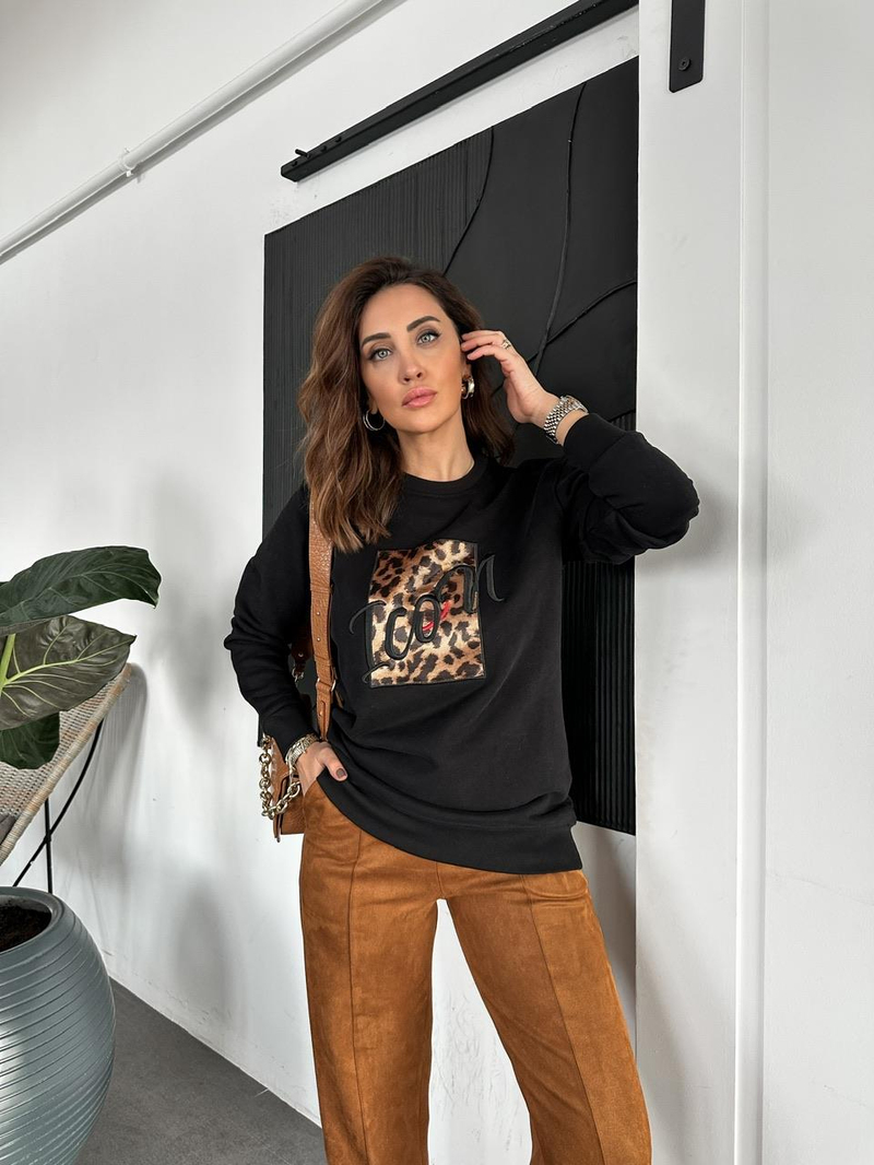 Siyah Leopar Parçalı Uzun Sweatshirt