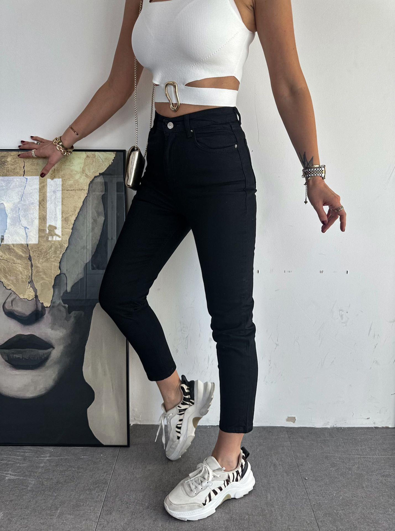 Siyah Likralı Mom jean