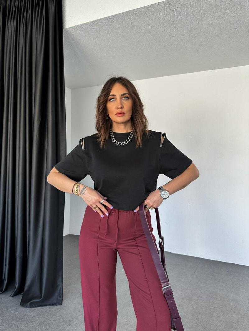 Siyah Omuzları Fermuarlı Cotton Tshirt
