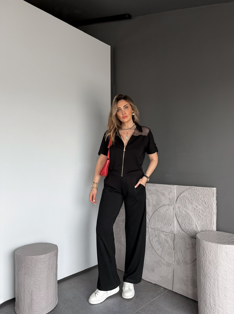 Siyah Omuzları Fileli Modal Takım