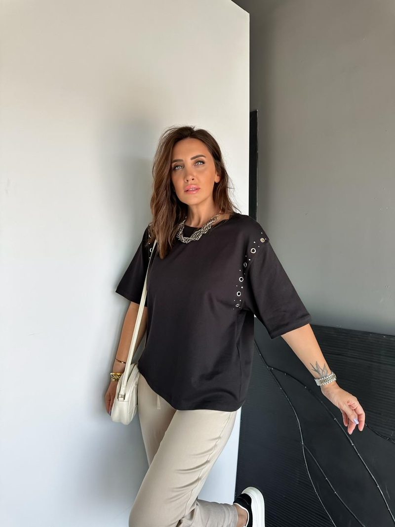 Siyah Omuzları Kuş Gözü Tshirt