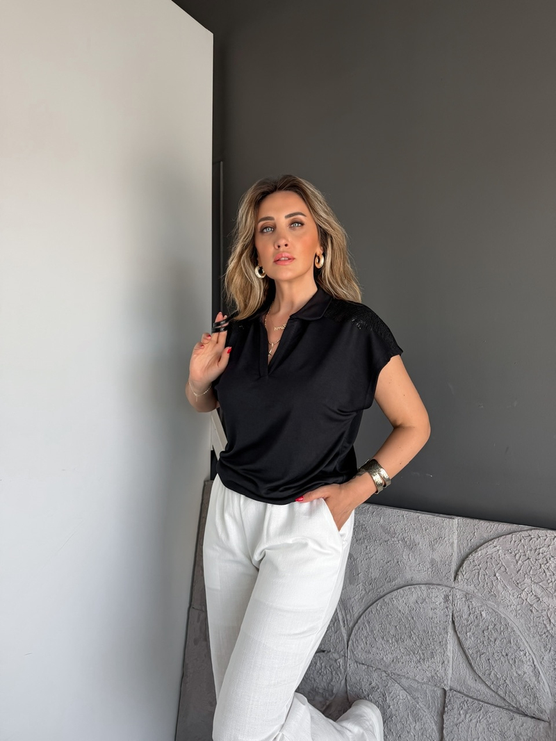 Siyah Omuzları Payetli Marka Modal Tshirt