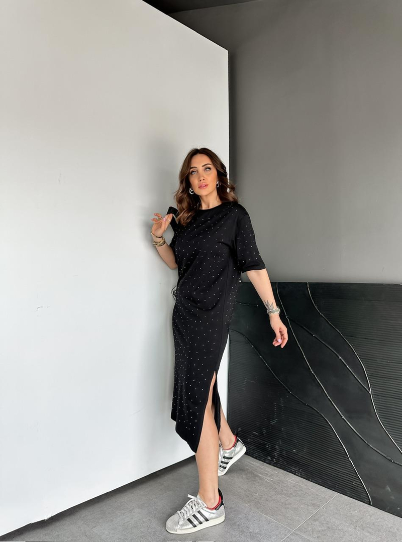 Siyah Serpme Taşlı Cotton Elbise