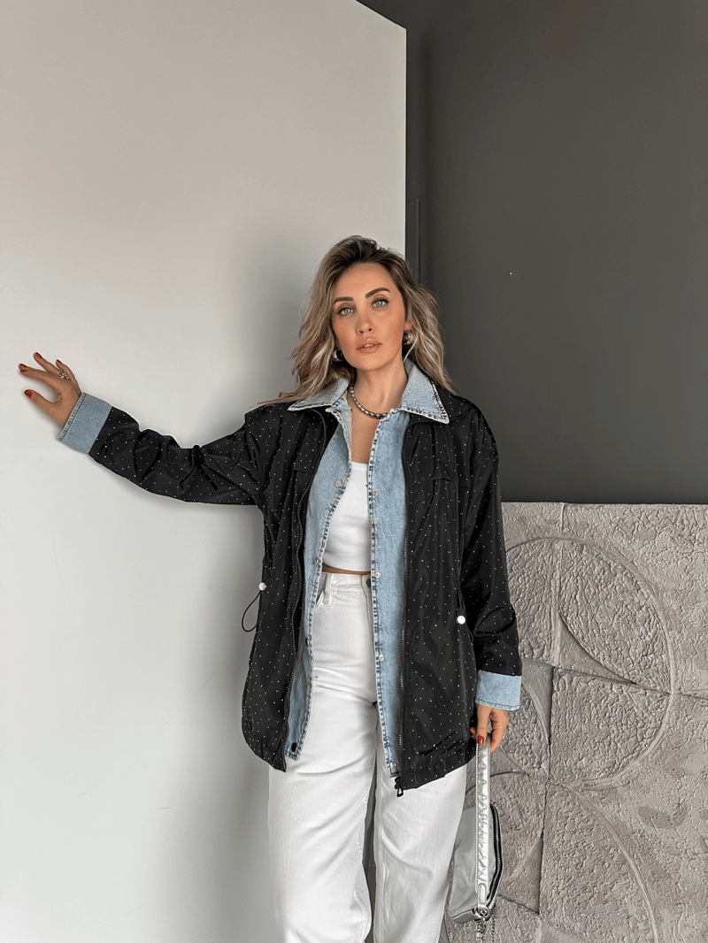 Siyah Serpme Taşlı Kot Parçalı Ceket