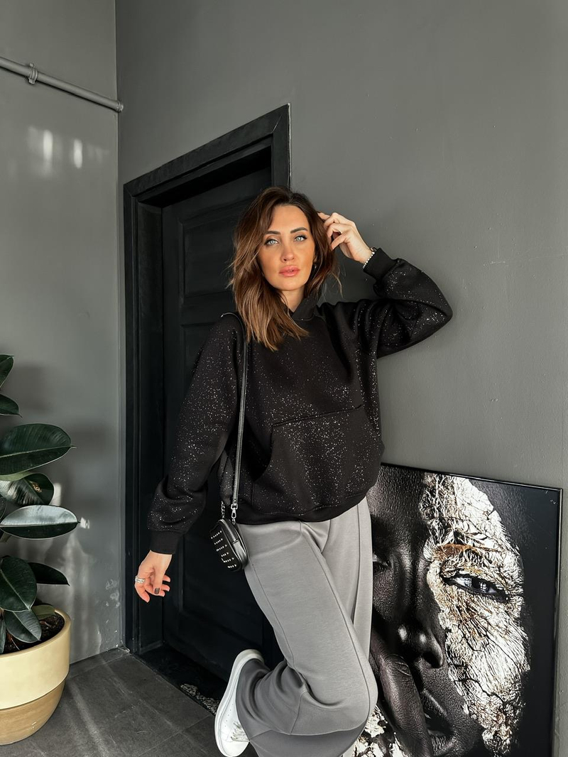 Siyah Simli Kapşonlu Sweatshirt