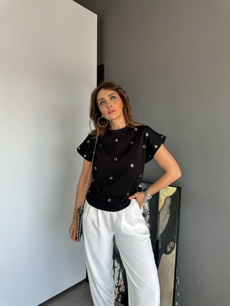 Siyah T Kol Kuş Gözlü Tshirt