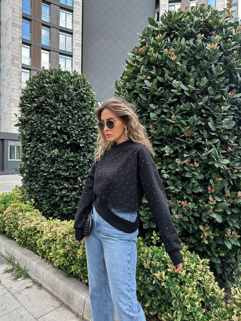 Siyah Taş Baskılı Sweatshirt