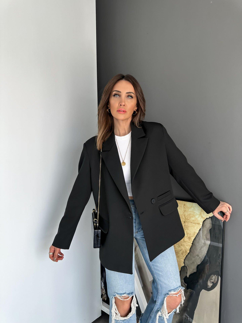 Siyah Tek Düğmeli Blazer Ceket