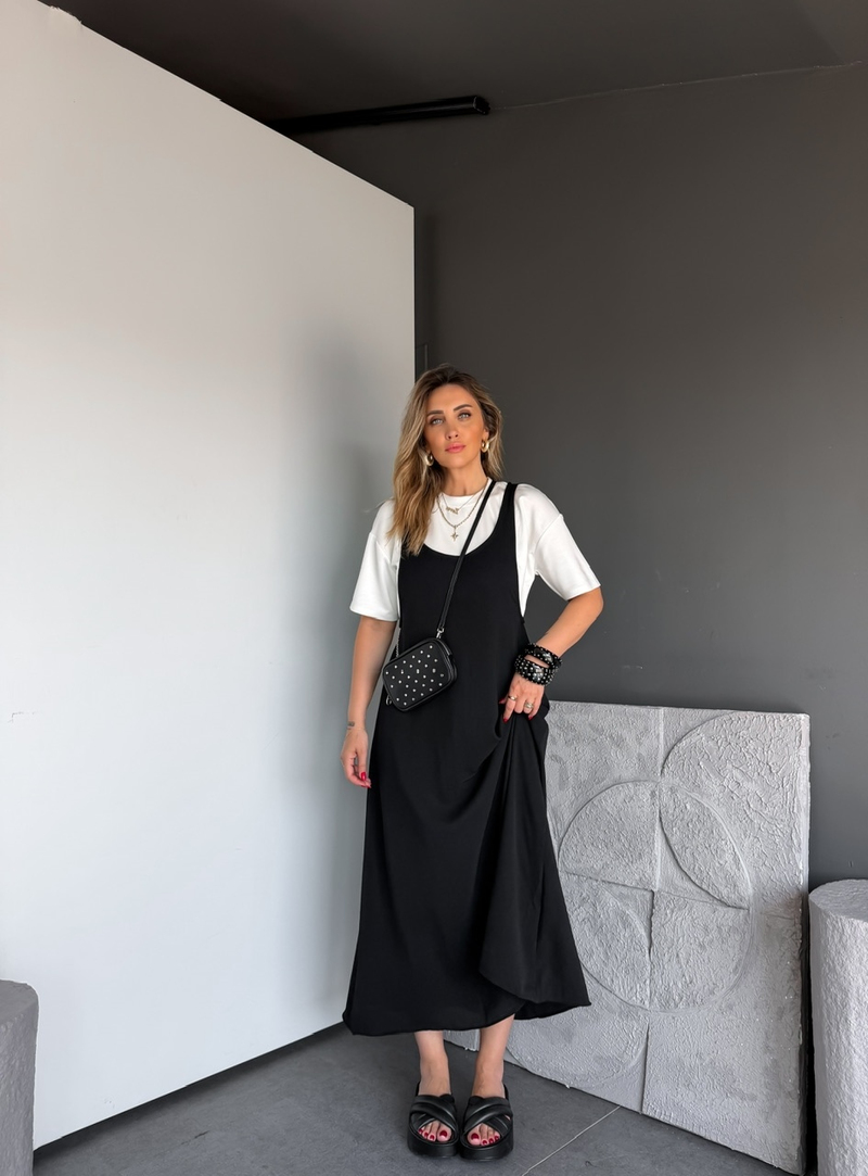 Siyah Tshirtlü Askılı Basic Elbise