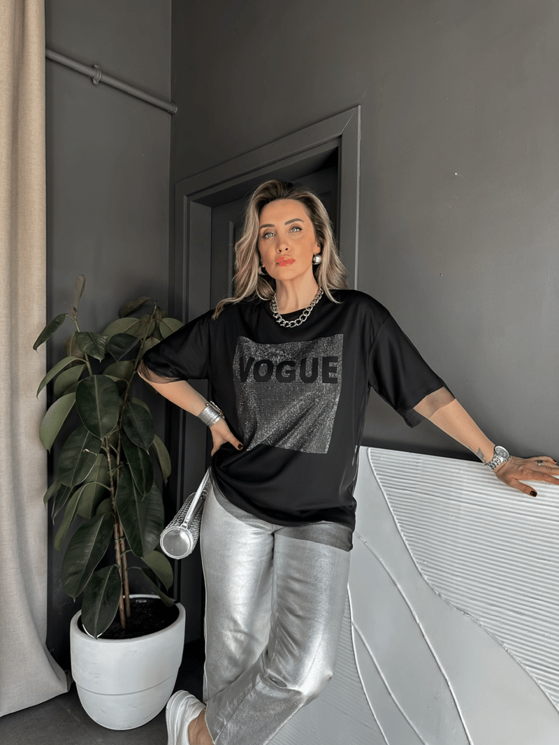 Siyah Vogue Simli Tüllü Tshirt