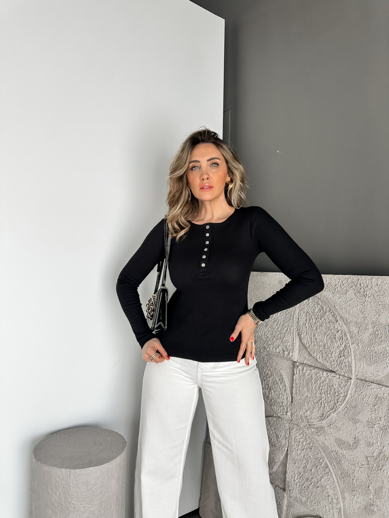 Siyah Yakası Çıtçıtlı Orijinal Fitilli Tshirt