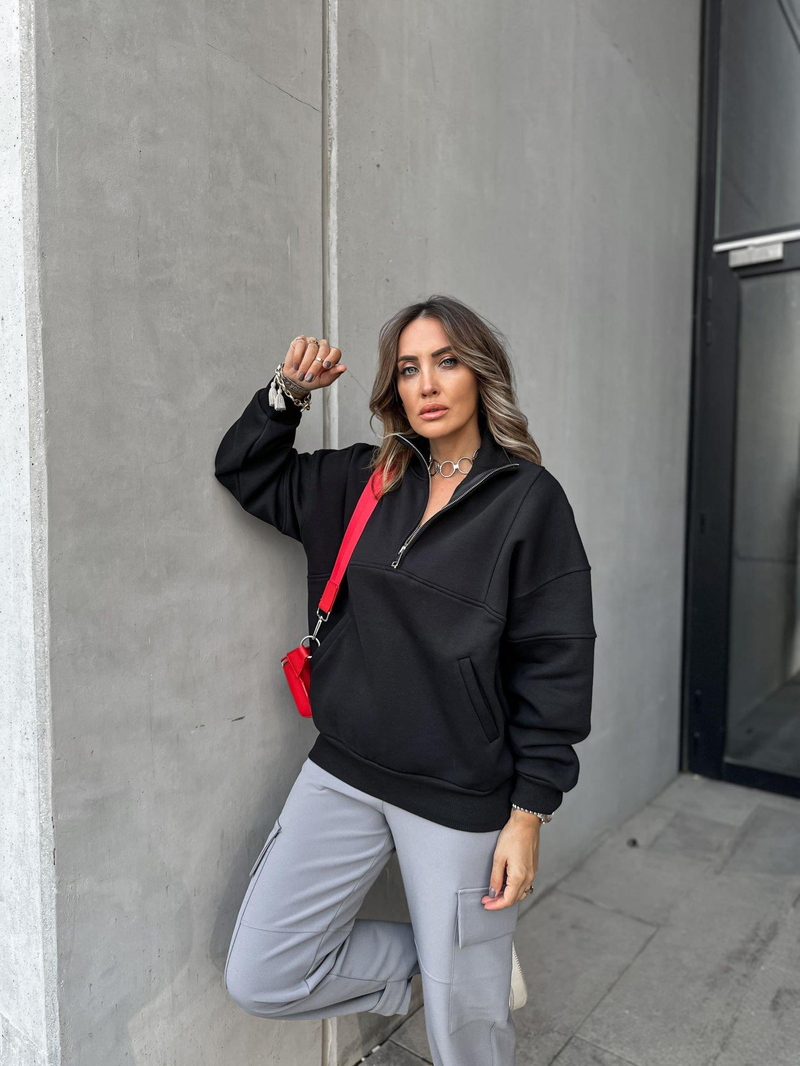 Siyah Yakası Fermuarlı Basic Sweatshirt