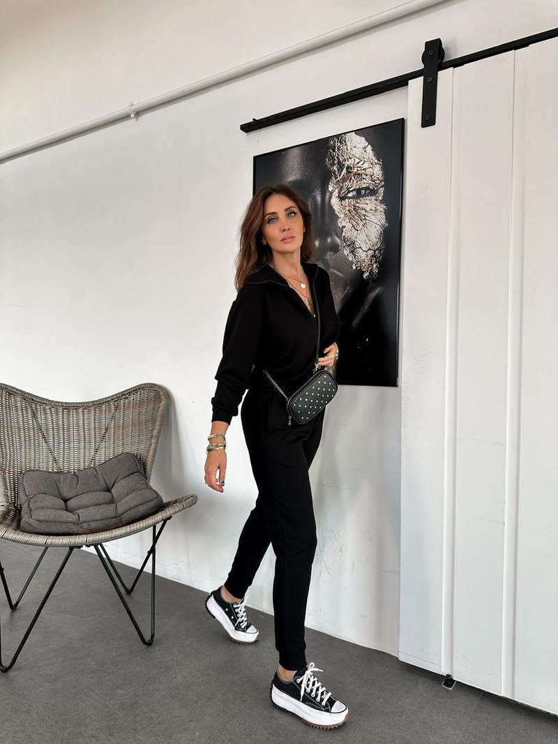 Siyah Yakası Fermuarlı Modal Eşofman Takım