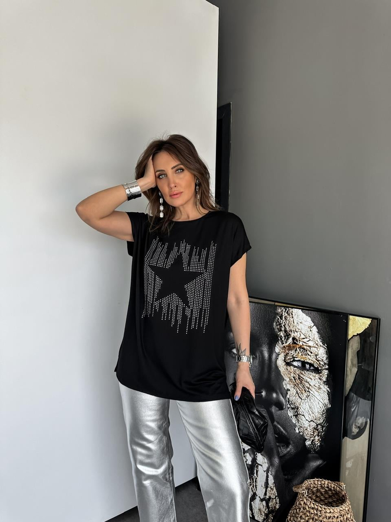 Siyah Yıldız İşlemeli Cotton Tshirt 