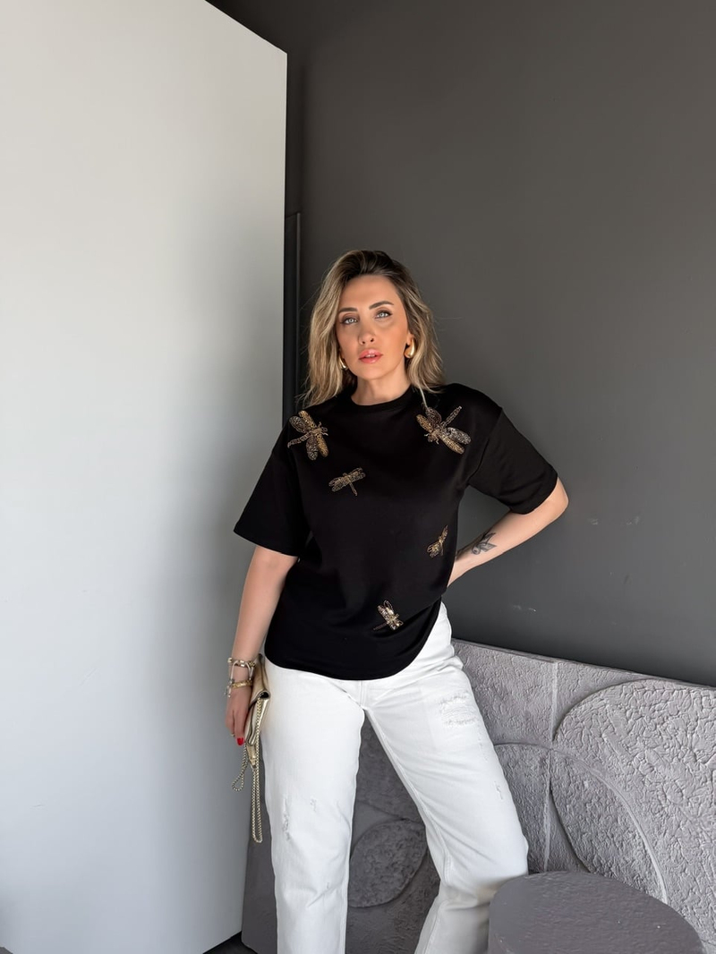 Siyah Yusufçuk İşlemeli Cotton Tshirt