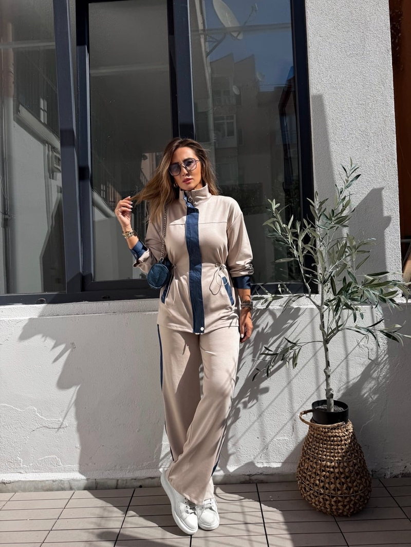 Taş Beli Büzgülü Kot Parçalı Takım