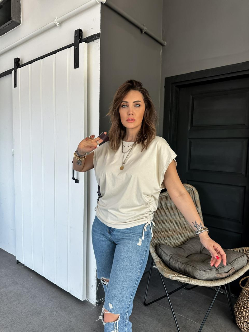 Taş Kenarları Büzgülü Cotton Tshirt