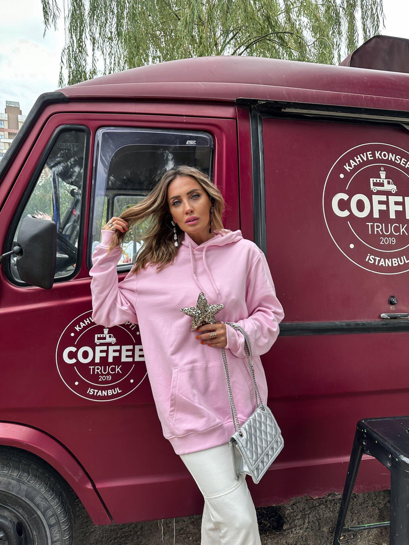 Toz Pembe Kapşonlu Basic Sweatshirt