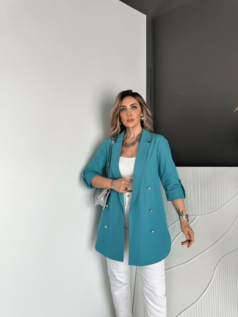 Turkuaz Manşetli Cotton Blazer Ceket