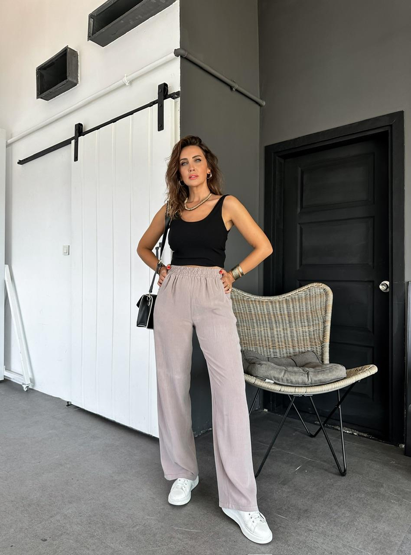 Vizon Beli Lastikli Cotton Bol Pantolon