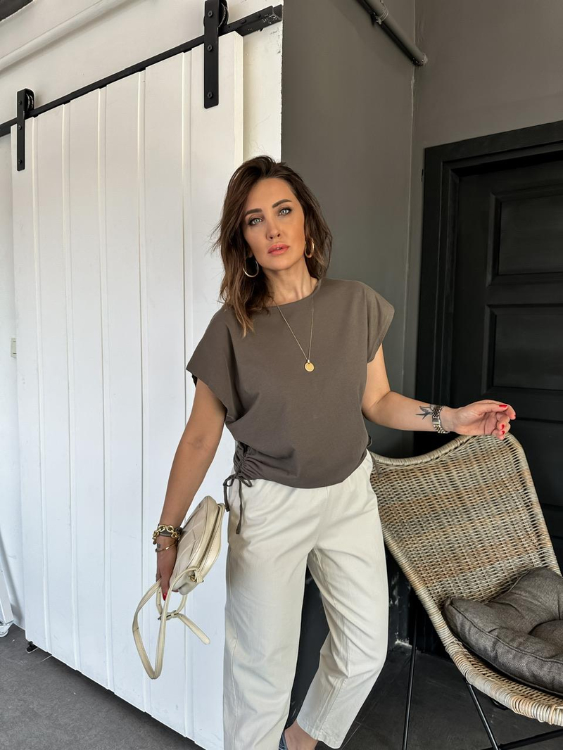 Vizon Kenarları Büzgülü Cotton Tshirt