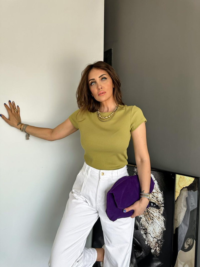 Yağ Yeşili Bisiklet Yaka Cotton Tshirt