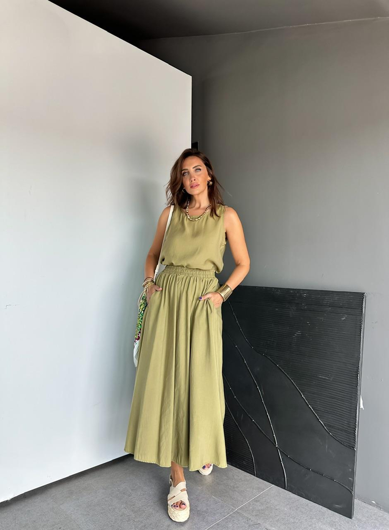 Yağ Yeşili Bluz Etek Soft Takım