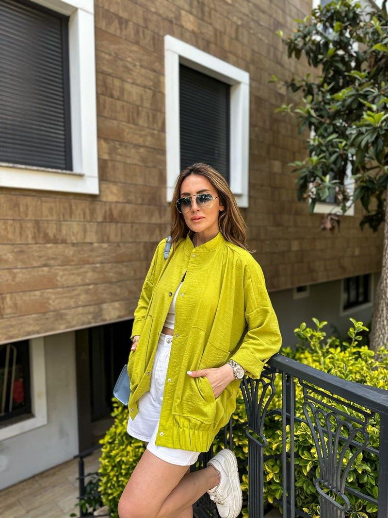 Yağ Yeşili Keten Bomber Ceket