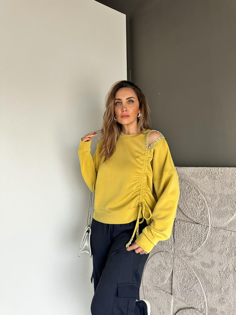 Yağ Yeşili Omuz Dekolteli Taşlı Sweatshirt