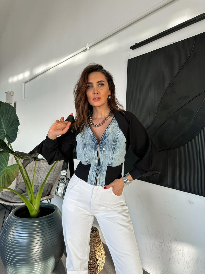 Yarasa Kollu Jean Detaylı Ceket