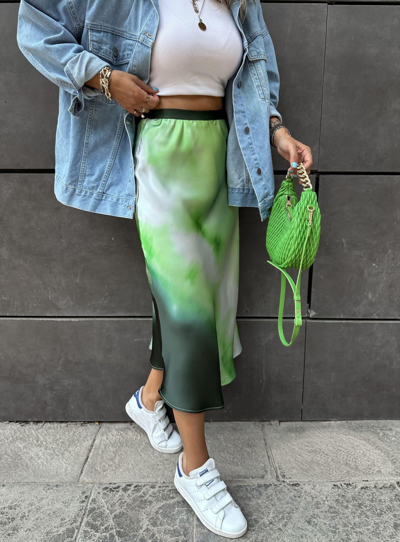 Yeşil Batik Desenli Saten Etek