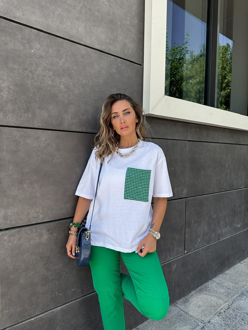 Yeşil Cep Detaylı Salaş Tshirt