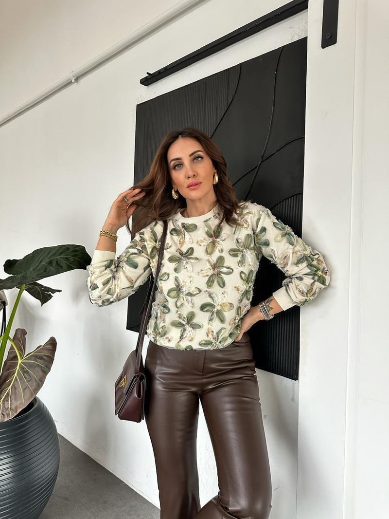 Yeşil Çiçek Ve Pul İşlemeli Sweatshirt