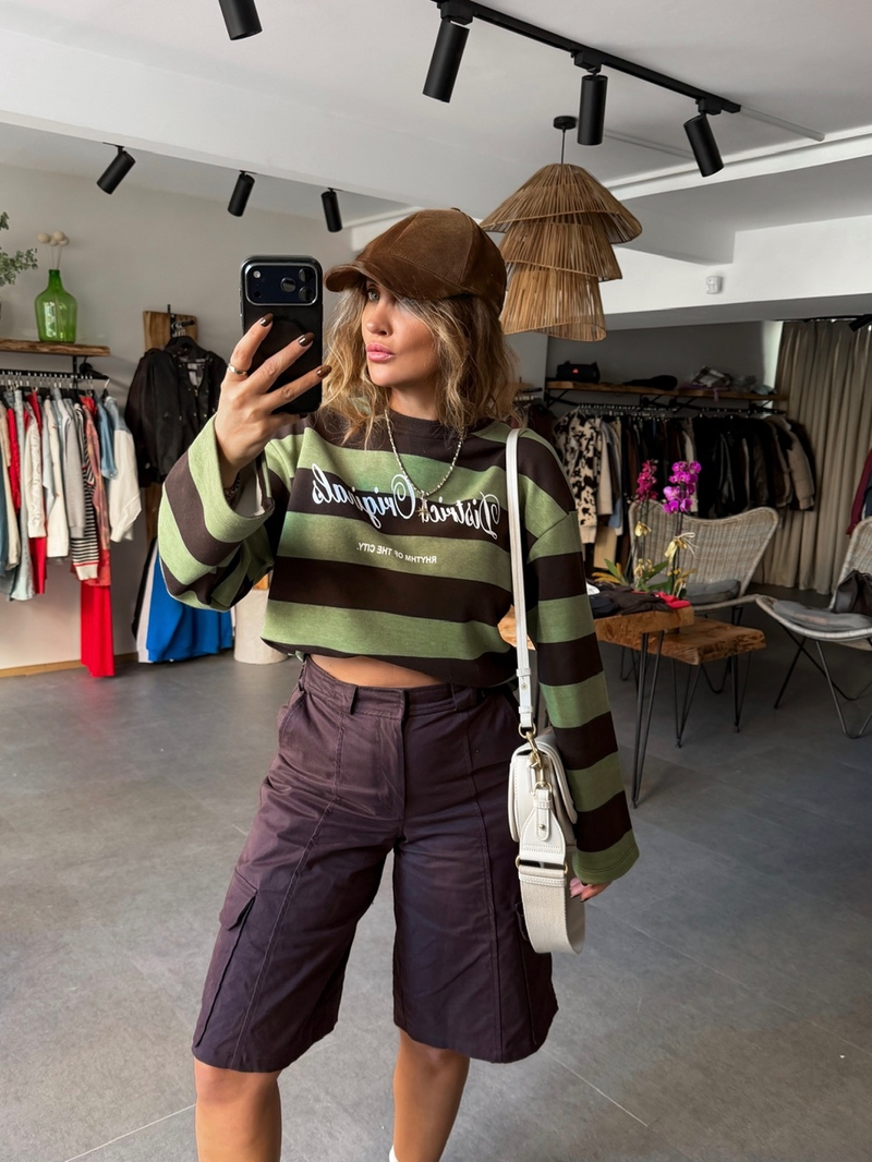 Yeşil Kahve Çizgili Yazılı Sweatshirt