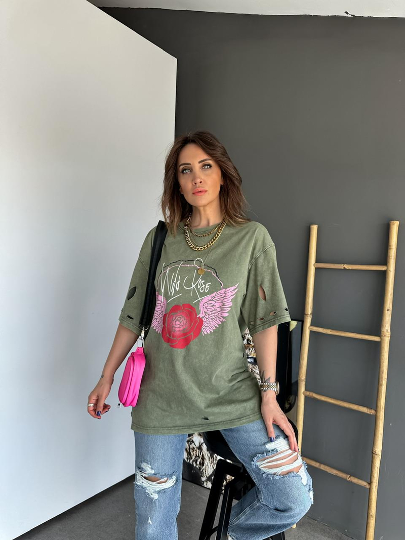 Yeşil Yıkamalı Rose Tshirt