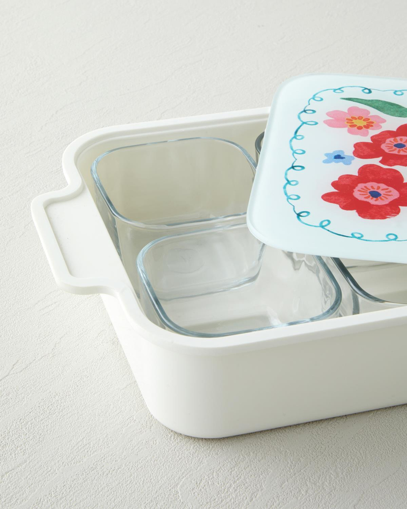 Bright Floral Melamin 6'lı Cam Kapaklı Kahvaltılık 39x21 cm Renkli