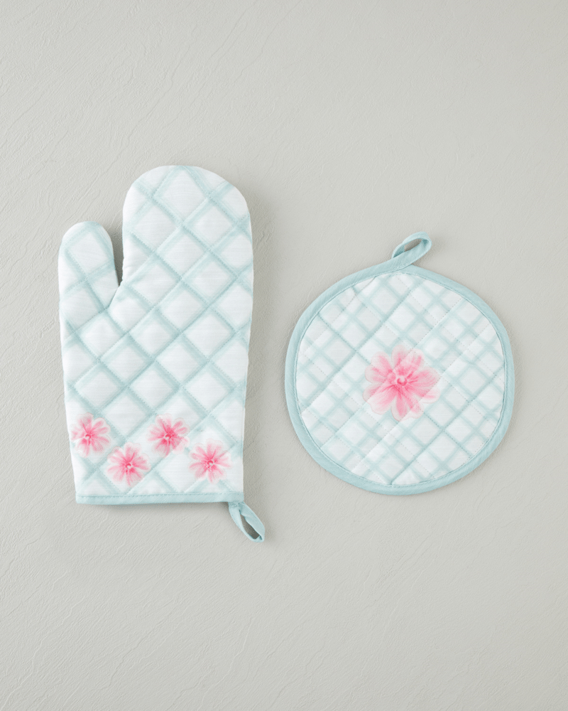 Bright Floral Polyester 2'li Mutfak Seti 17x30 Cm + 20x20 Cm Pembe - Yeşil